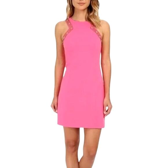 Lilly Pulitzer Largo Shift Dress Beaded Collar Coral Hot Pink Womens 8 Sheath - Picture 2 of 15
